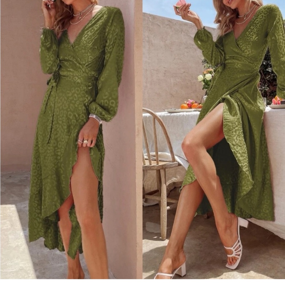 Leopard Green Wrap Around Belted Dress